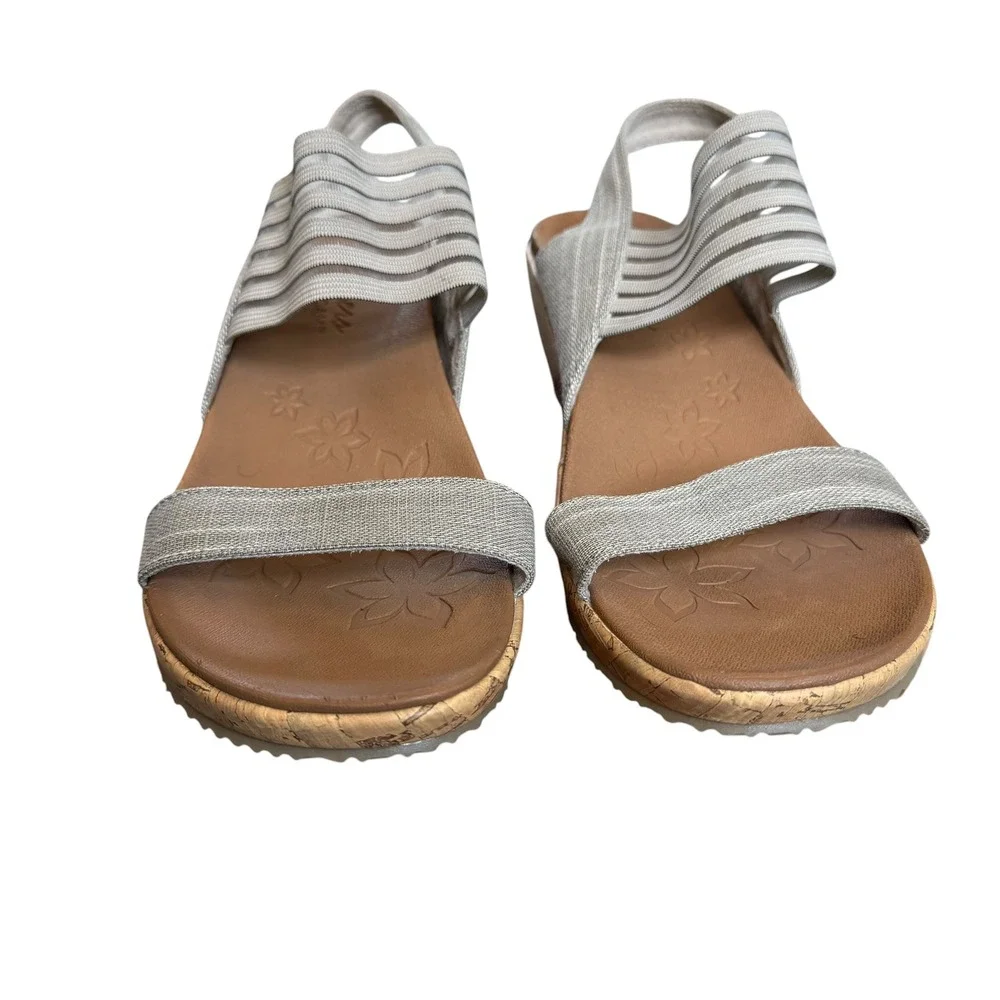 Skechers Luxe Foam Wedge Sandals Womens 10 Taupe Silver Stretch Slingback 31597